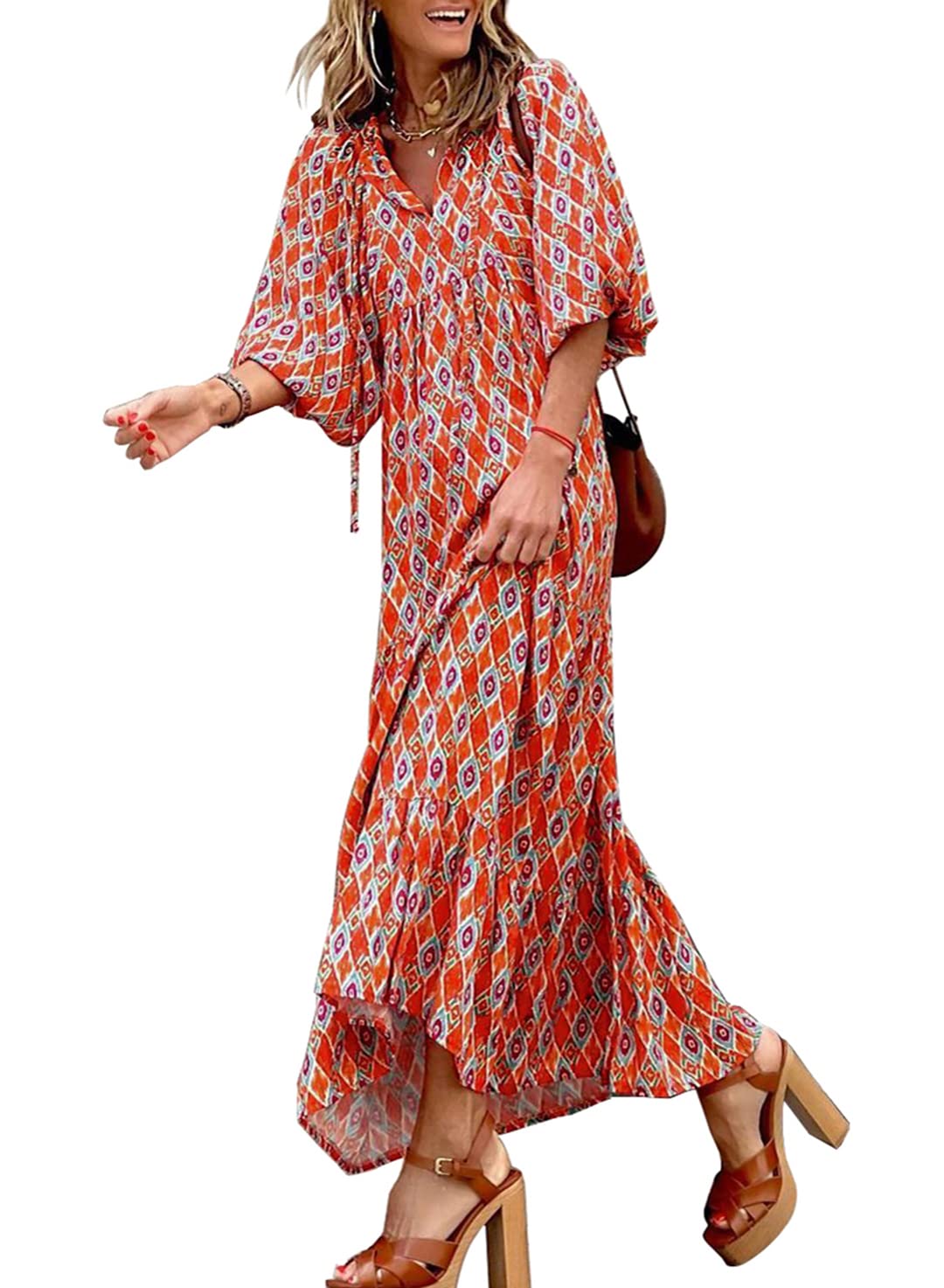 🔥Women's Puff Sleeve Floral Boho Maxi Dress (Buy 2 Free Shipping)