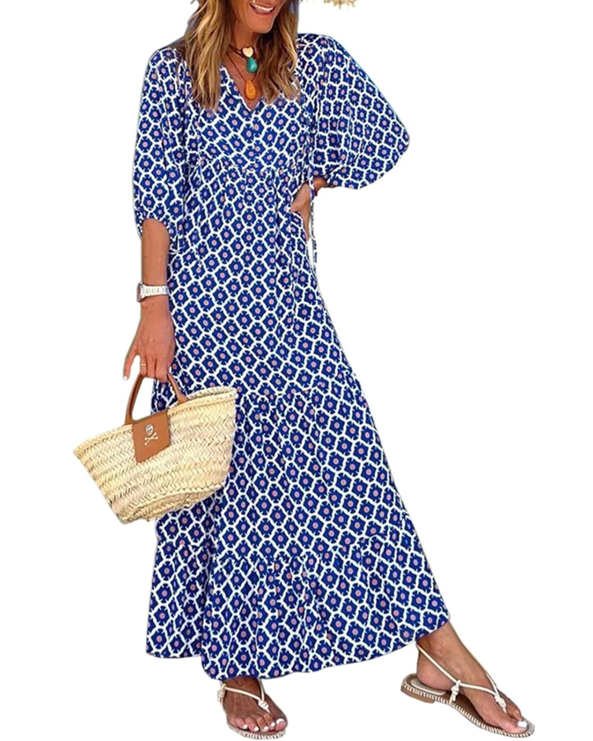 🔥Women's Puff Sleeve Floral Boho Maxi Dress (Buy 2 Free Shipping)