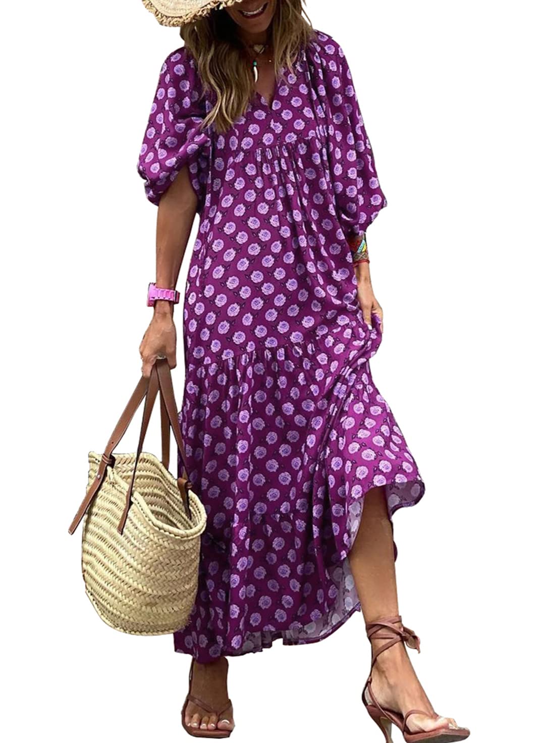 🔥Women's Puff Sleeve Floral Boho Maxi Dress (Buy 2 Free Shipping)