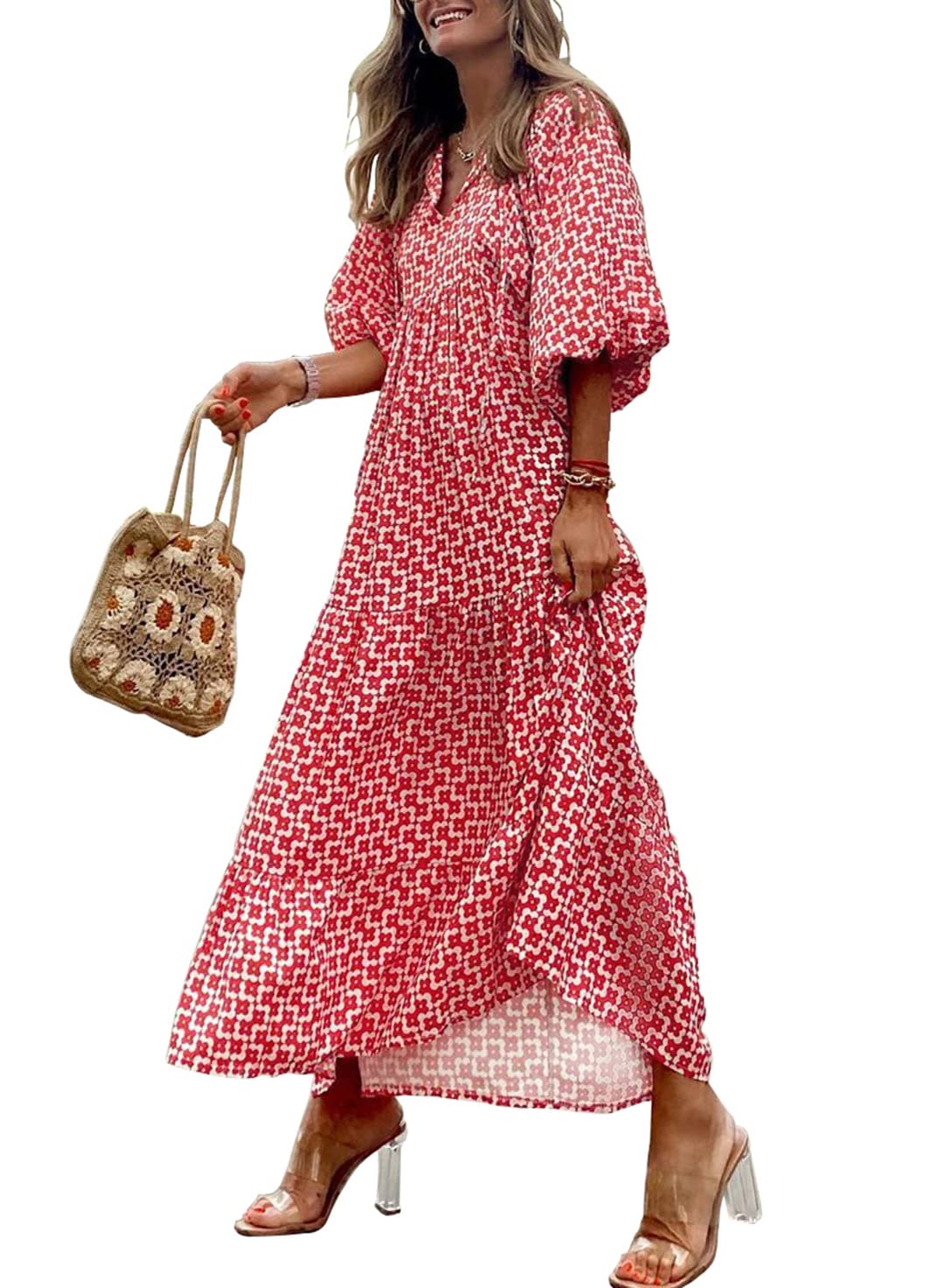 🔥Women's Puff Sleeve Floral Boho Maxi Dress (Buy 2 Free Shipping)