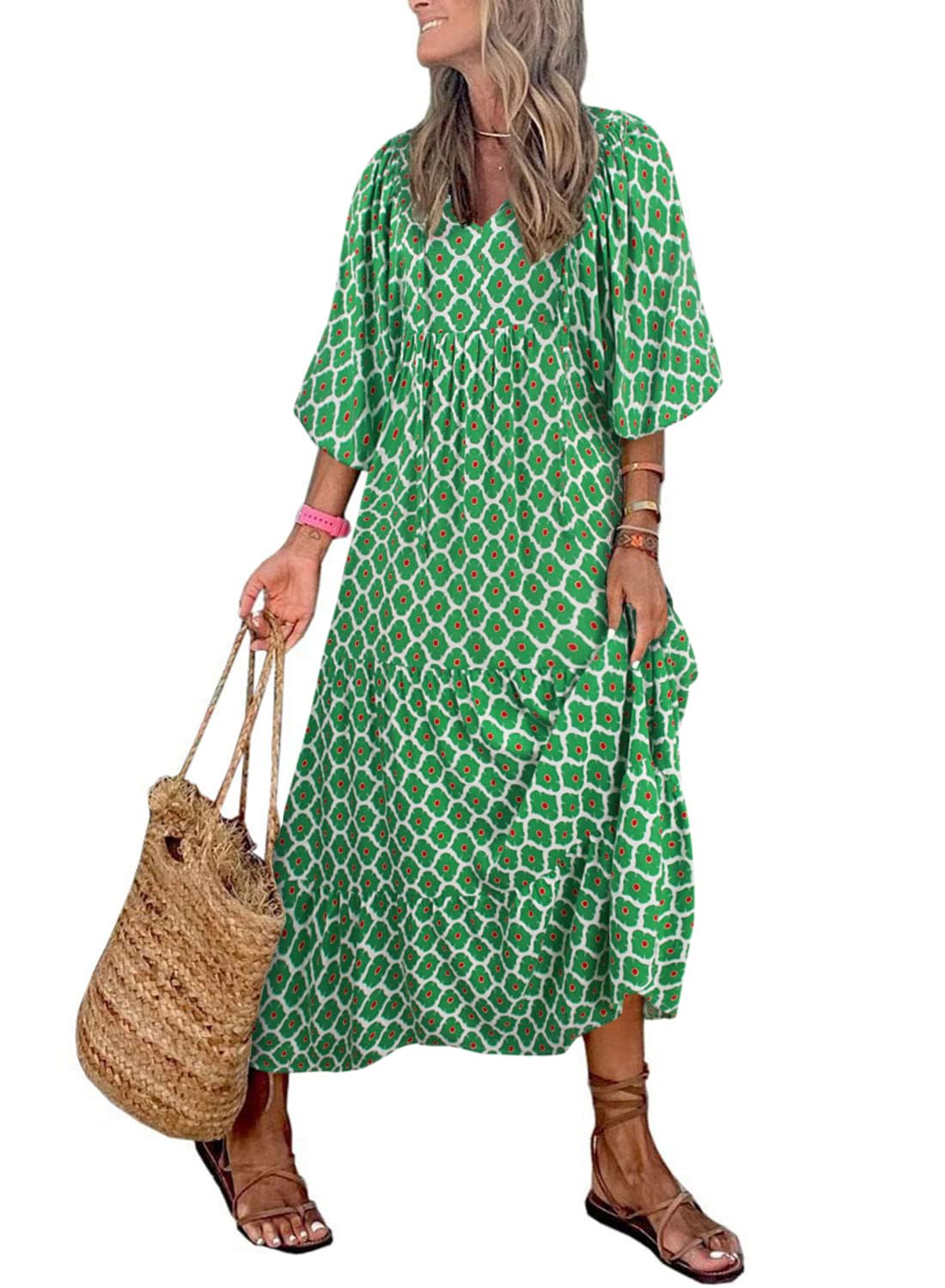 🔥Women's Puff Sleeve Floral Boho Maxi Dress (Buy 2 Free Shipping)