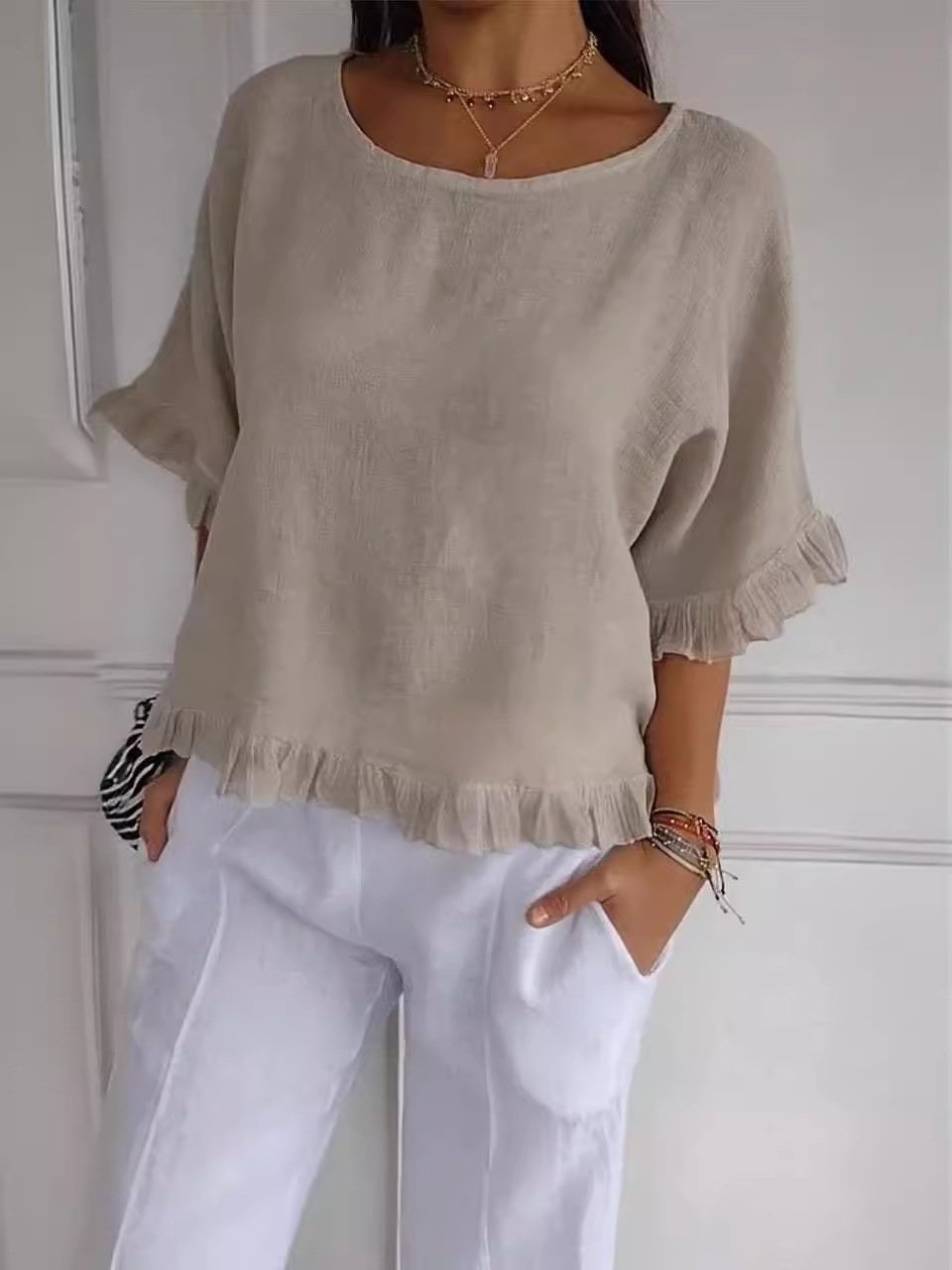 2024🔥🎁Round Neck Ruffled Hem Mid-sleeve Cotton Top