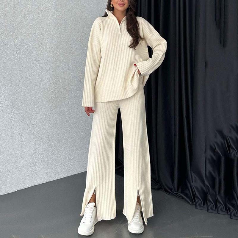 💥FREE SHIPPING💥Women's Cozy Ribbed Knit Two-Piece Set with Slit-Leg Pants