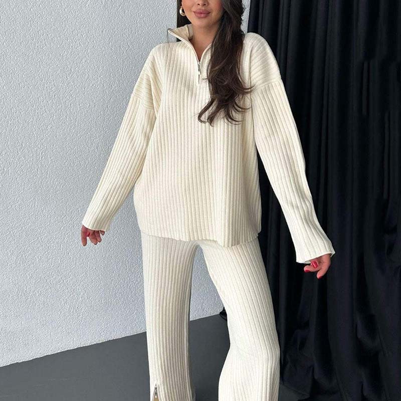 💥FREE SHIPPING💥Women's Cozy Ribbed Knit Two-Piece Set with Slit-Leg Pants