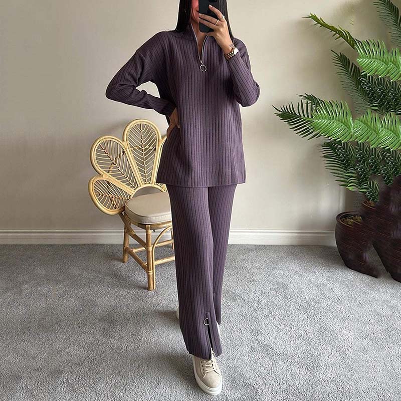 💥FREE SHIPPING💥Women's Cozy Ribbed Knit Two-Piece Set with Slit-Leg Pants