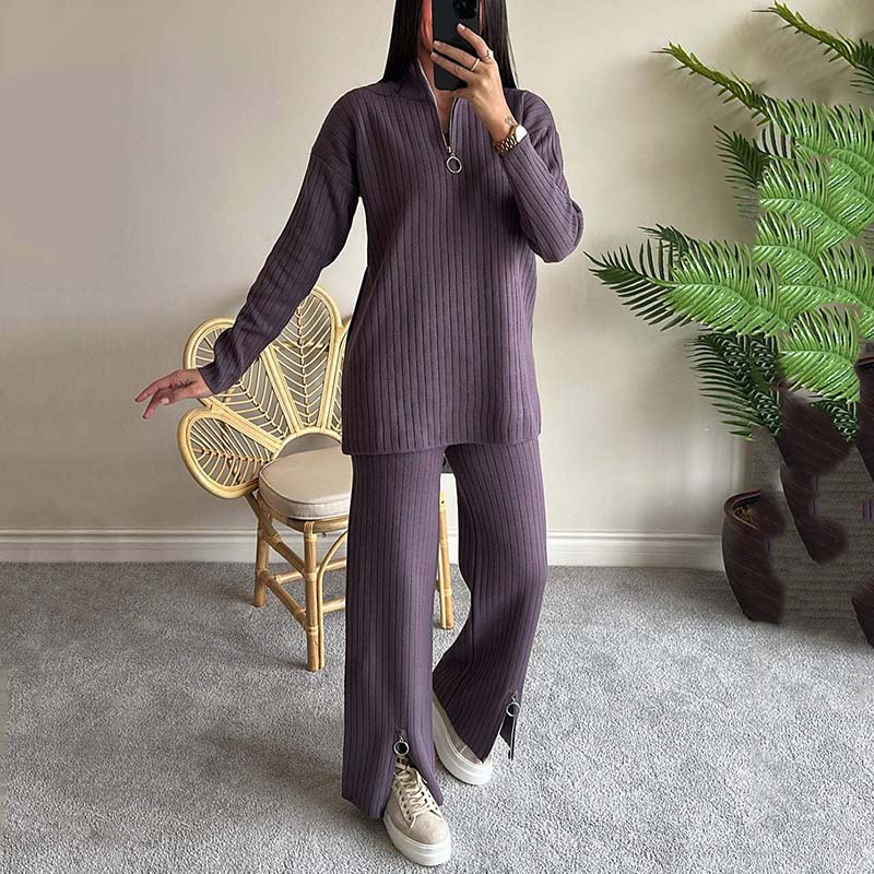 💥FREE SHIPPING💥Women's Cozy Ribbed Knit Two-Piece Set with Slit-Leg Pants