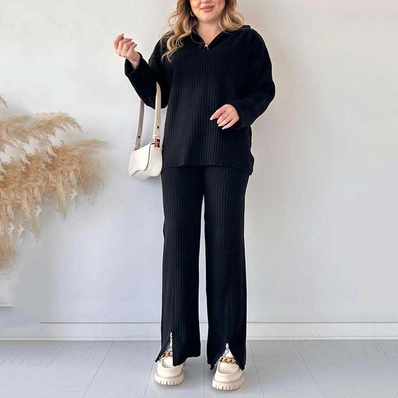 💥FREE SHIPPING💥Women's Cozy Ribbed Knit Two-Piece Set with Slit-Leg Pants